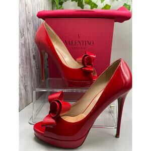 Valentino Garavani Couture Open Toe Bow Red Patton Leather Womans Pump Heels 39